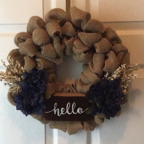 Other - Burlap hello pretty wreath with blue flowers.